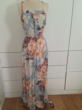 Band of Gypsies Blue Floral Maxi Dress with Peach Blooms